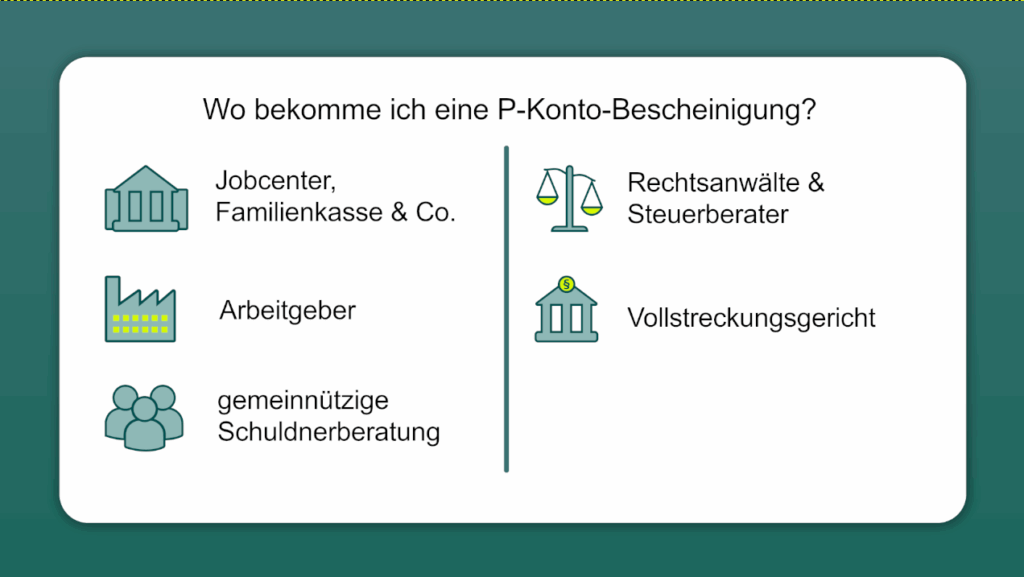 Sie benötigen eine Bescheinigung, wenn Sie beim P-Konto den Freibetrag erhöhen möchten. Die Familienkasse gehört zu den Stellen, die Ihnen den Beleg anfertigen muss.
